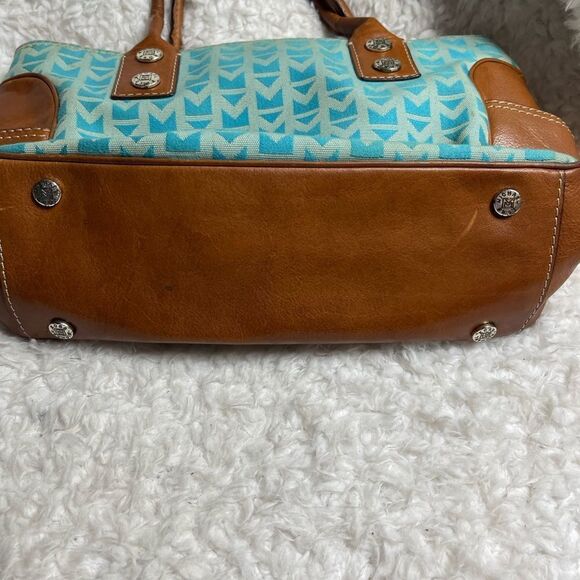 Michael Kors Monogram Blue canvas medium Satchel with leather tan trims &straps - Picture 11 of 12